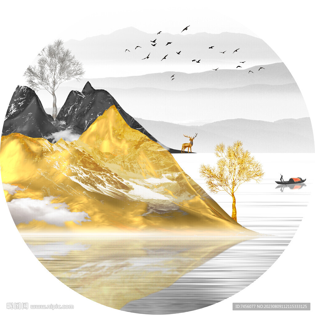 山水湖畔金箔山脈圓形掛畫裝飾畫