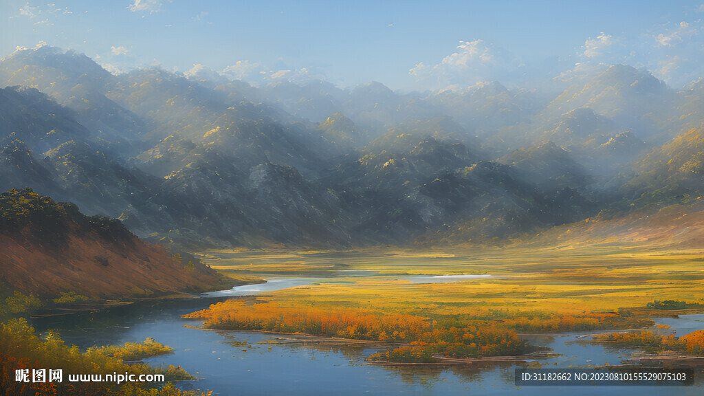 美式油畫山水平原風景