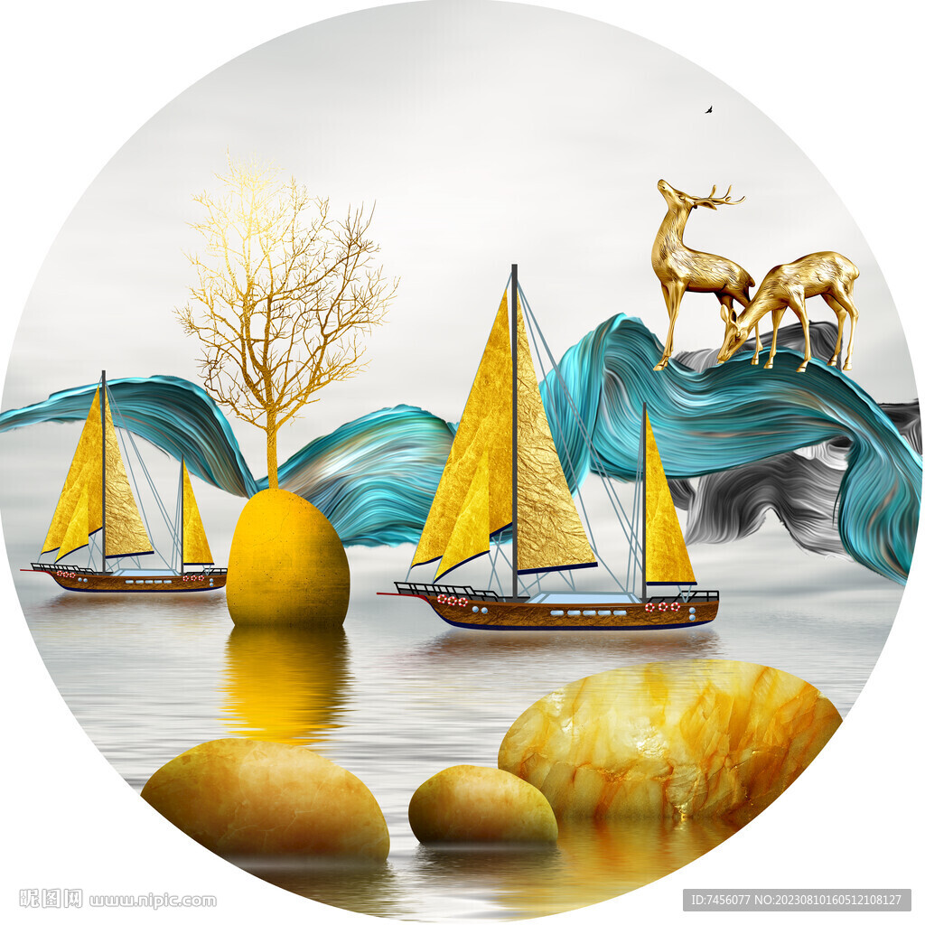 湖畔帆船麋鹿圆形挂画装饰画