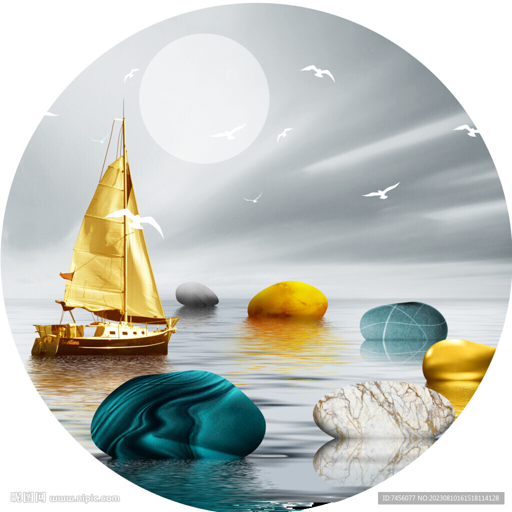 湖畔帆船鹅卵石圆形挂画装饰画