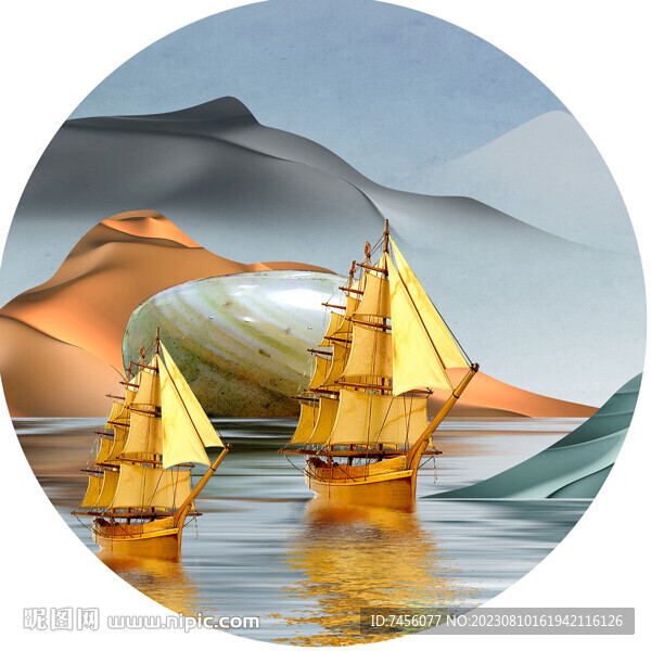 金色帆船水墨湖畔圆形挂画