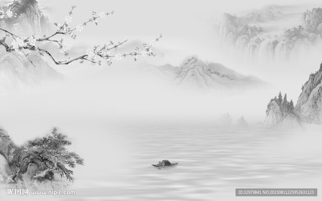 高清 灰色中式山水 Tif分層