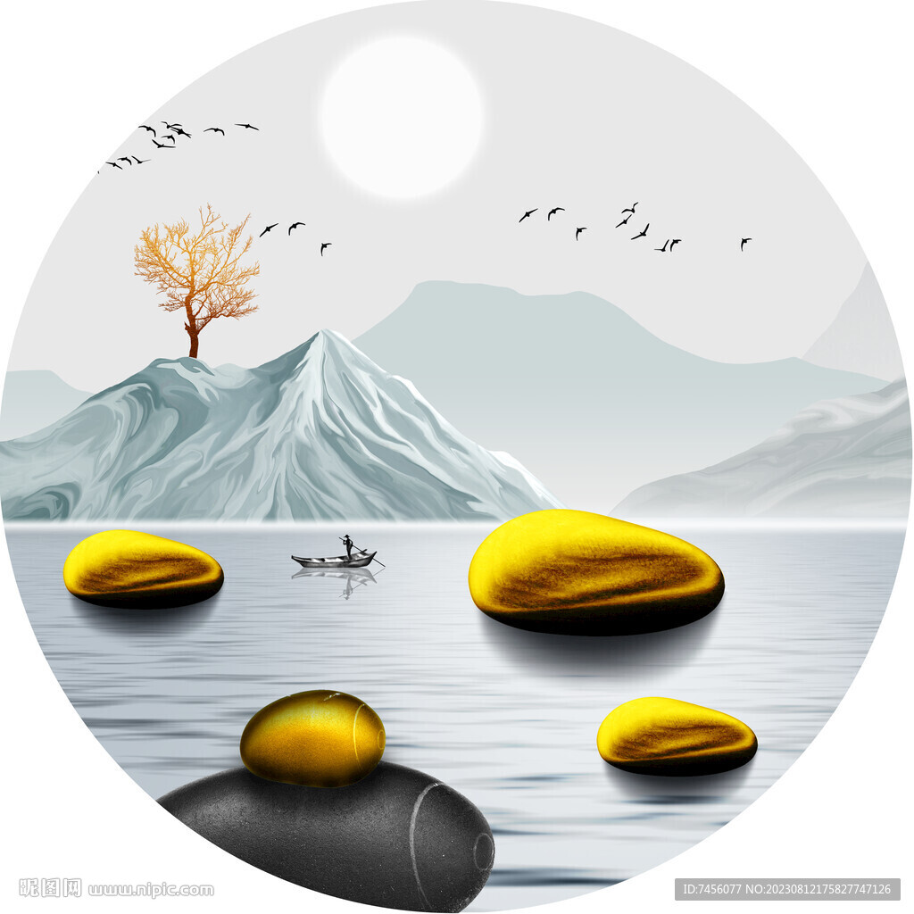 水墨山水湖畔圓形掛畫裝飾畫