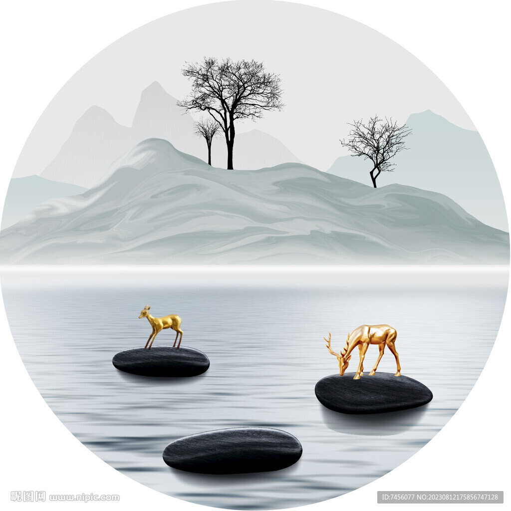 水墨湖畔麋鹿圓形掛畫裝飾畫
