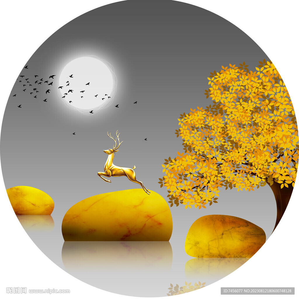 發(fā)財(cái)樹(shù)麋鹿湖畔圓形掛畫(huà)裝飾畫(huà)