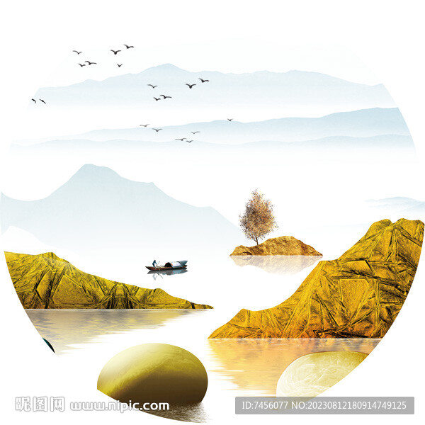 水墨湖畔山脈圓形掛畫裝飾畫