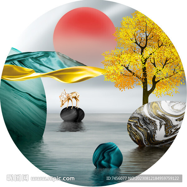 發(fā)財樹湖畔鵝卵石圓形掛畫裝飾畫