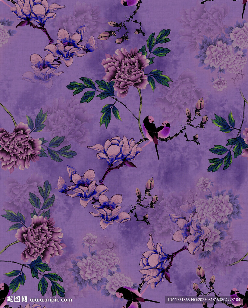 香云纱 牡丹花鸟 紫