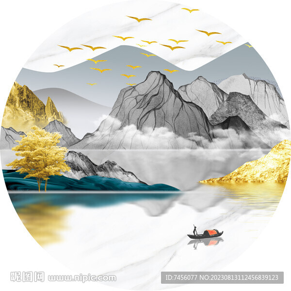 湖畔山脈高清圓形掛畫裝飾畫