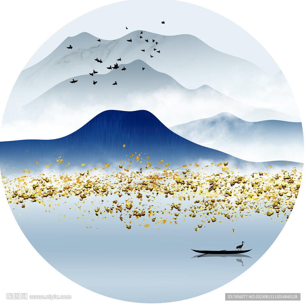 新中式水墨湖畔圓形掛畫(huà)裝飾畫(huà)