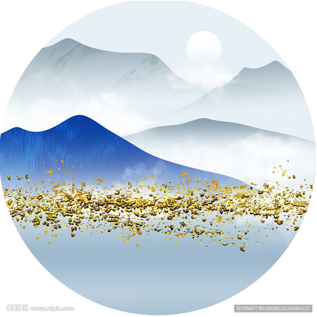 水墨山脈湖畔圓形掛畫裝飾畫