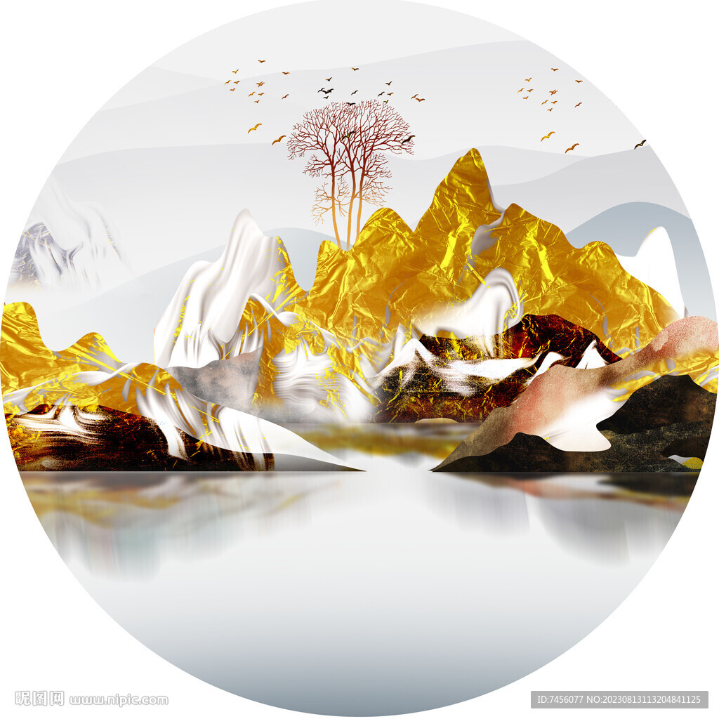 水墨湖畔山脈圓形掛畫裝飾畫