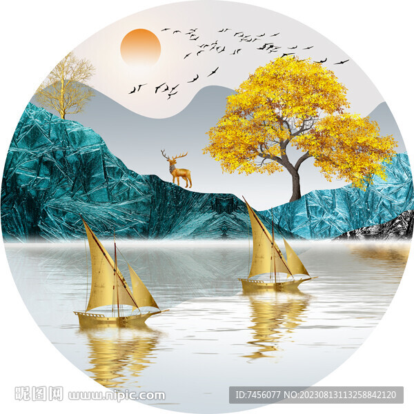 发财树湖畔帆船圆形挂画装饰画