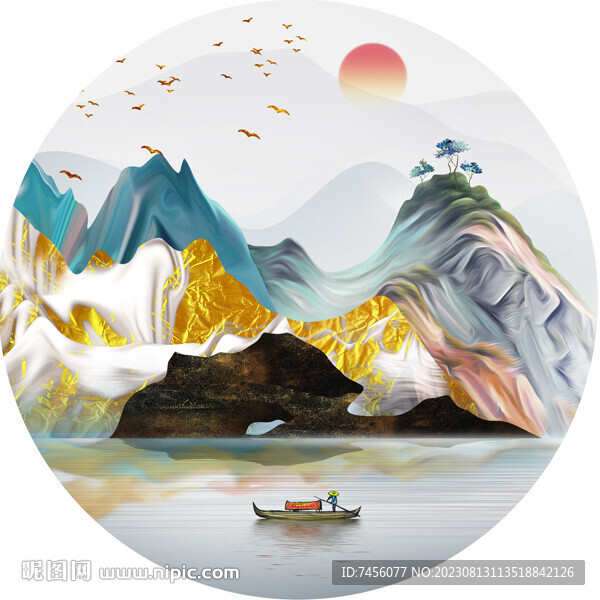 水墨山脈湖畔圓形掛畫裝飾畫