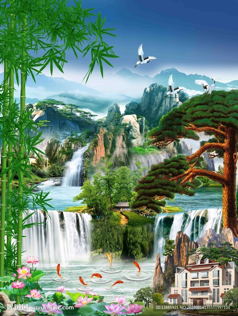流水生財迎客松山水玄關