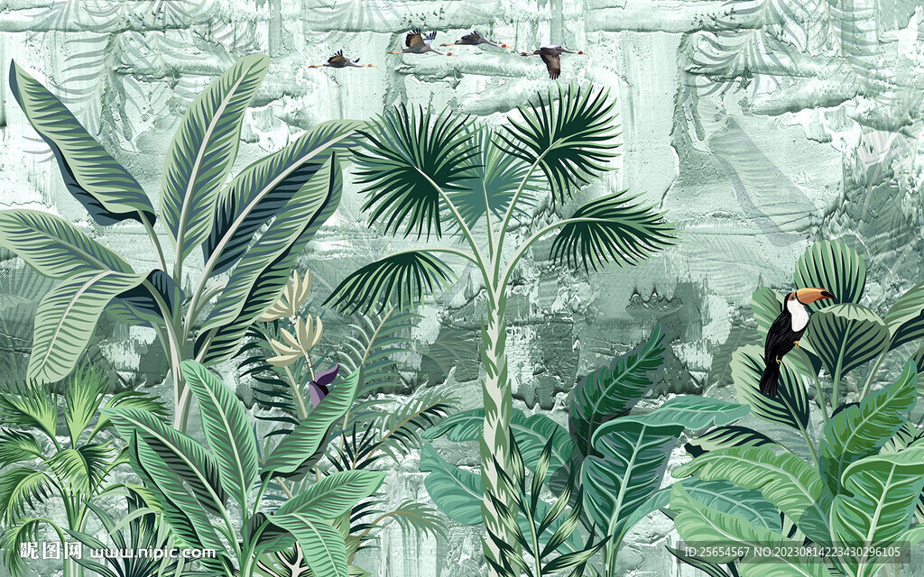热带植物花卉背景墙装饰画