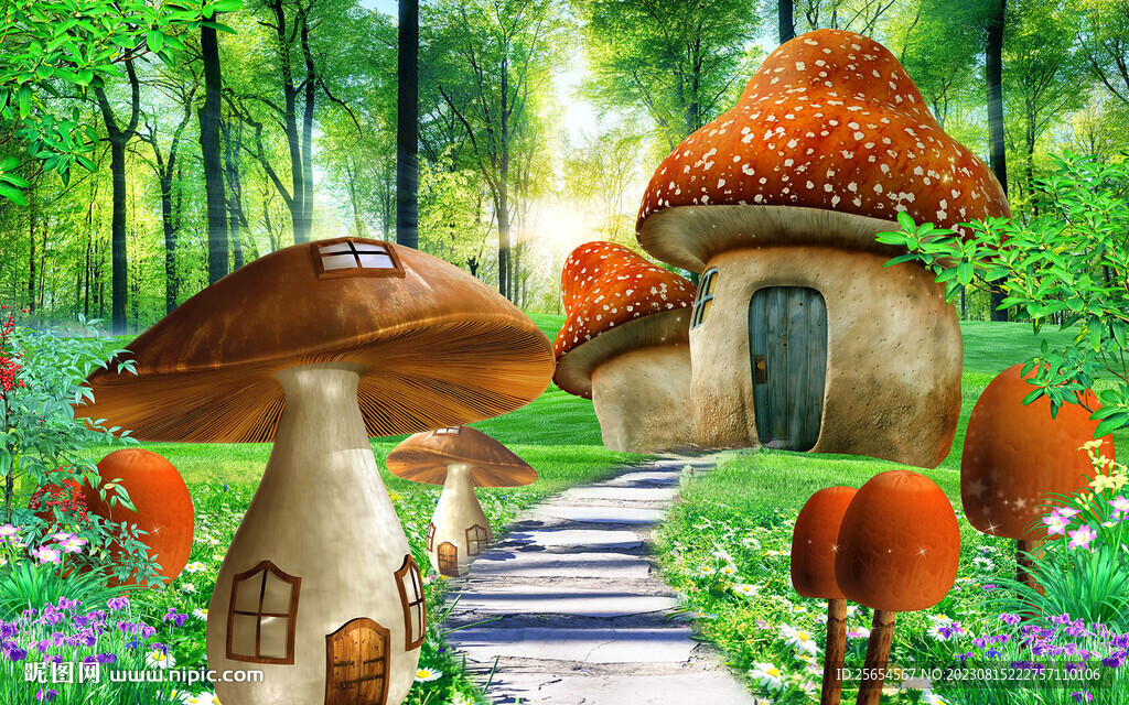 唯美夢幻森林蘑菇背景墻