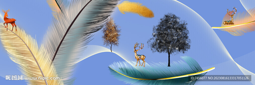 羽毛麋鹿水彩树挂画三联装饰画