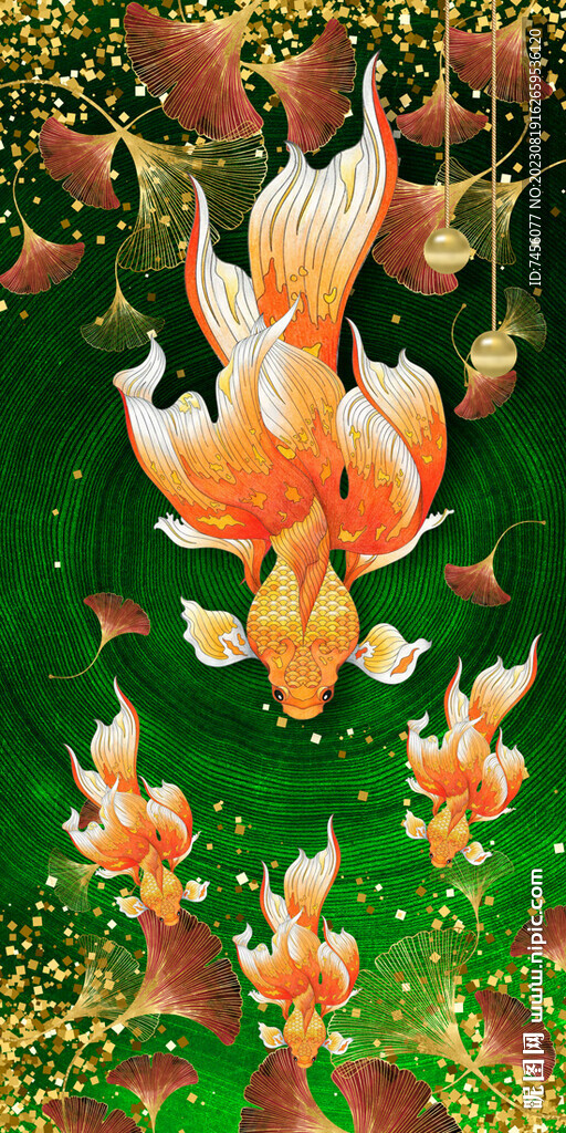 金魚游魚樹葉水彩掛畫裝飾畫