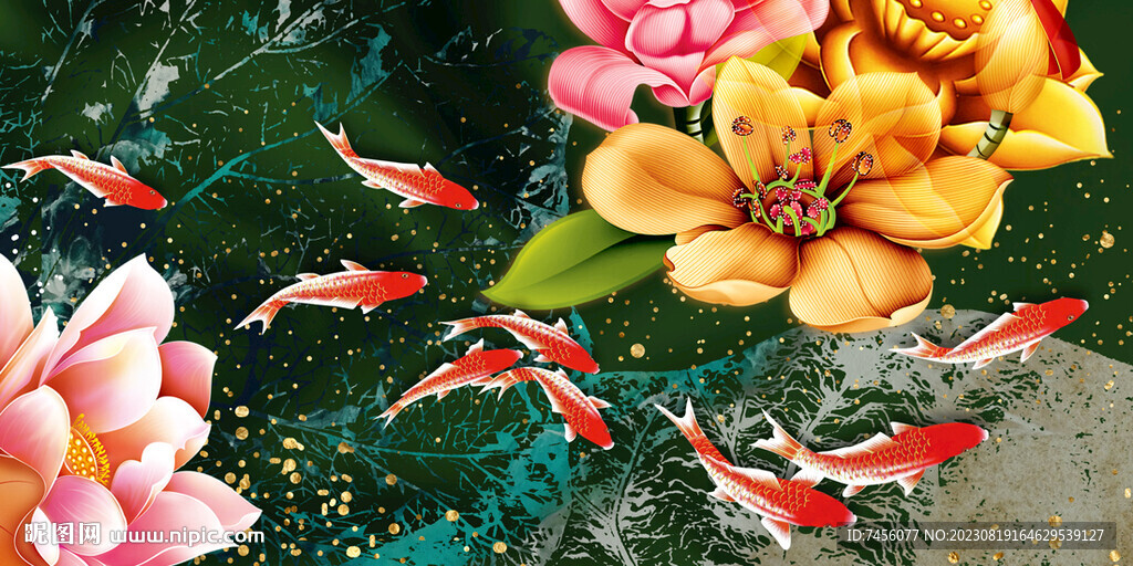 蓮花九魚圖高清藝術掛畫裝飾畫