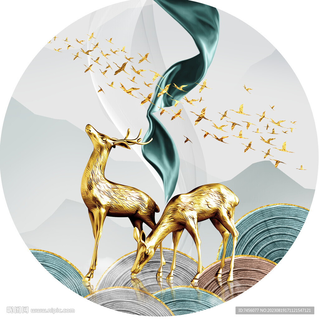 金色麋鹿中式风景画圆形挂画装饰