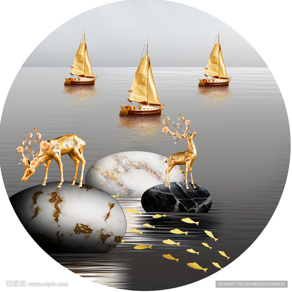金色帆船水墨湖畔圆形挂画装饰画