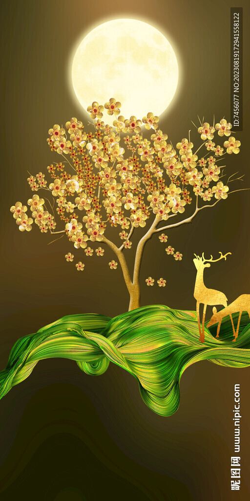 發(fā)財樹麋鹿藝術(shù)掛畫裝飾畫