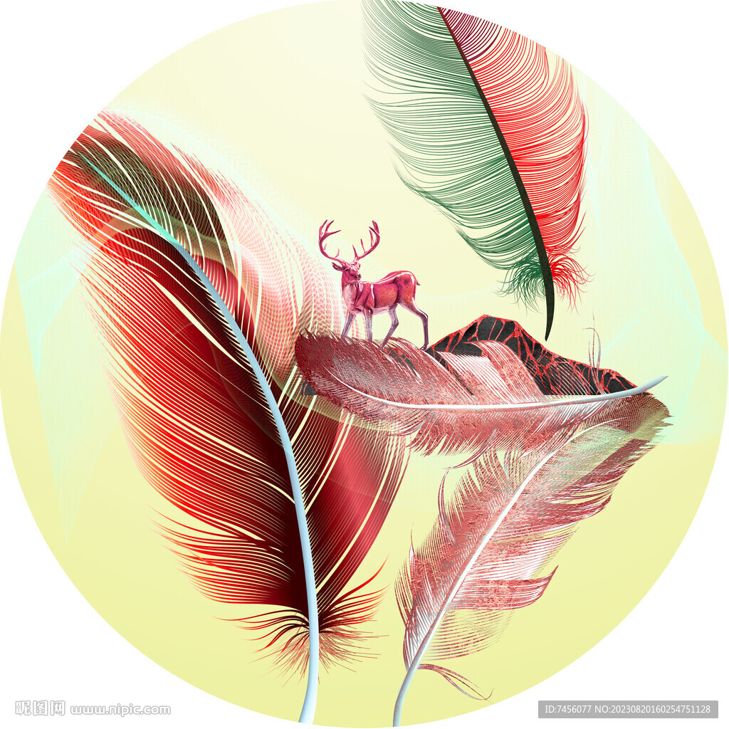 唯美羽毛麋鹿水彩圓形掛畫(huà)裝飾畫(huà)