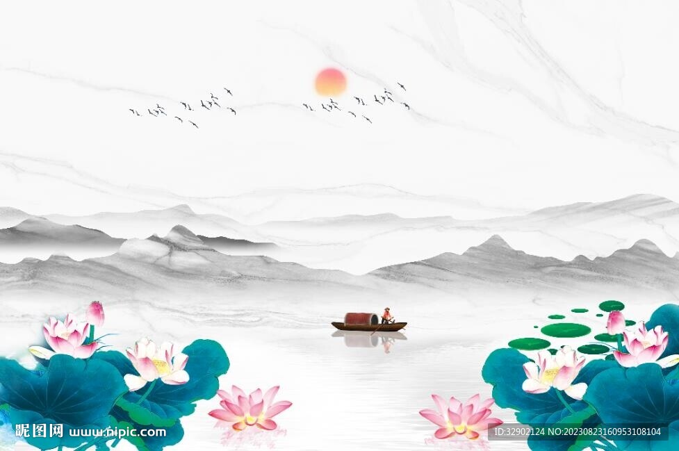 中式荷花背景墻