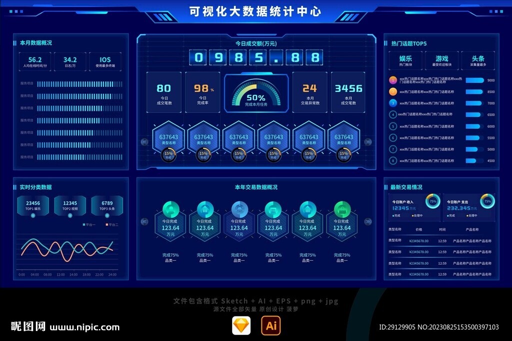 科技藍色數據可視化大屏平臺系統