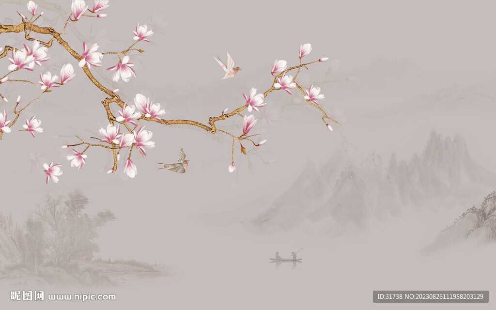 新中式山水工筆花鳥畫背景墻