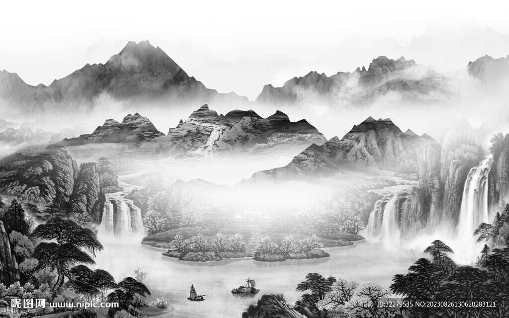 大氣 清晰灰色山水 Tif分層