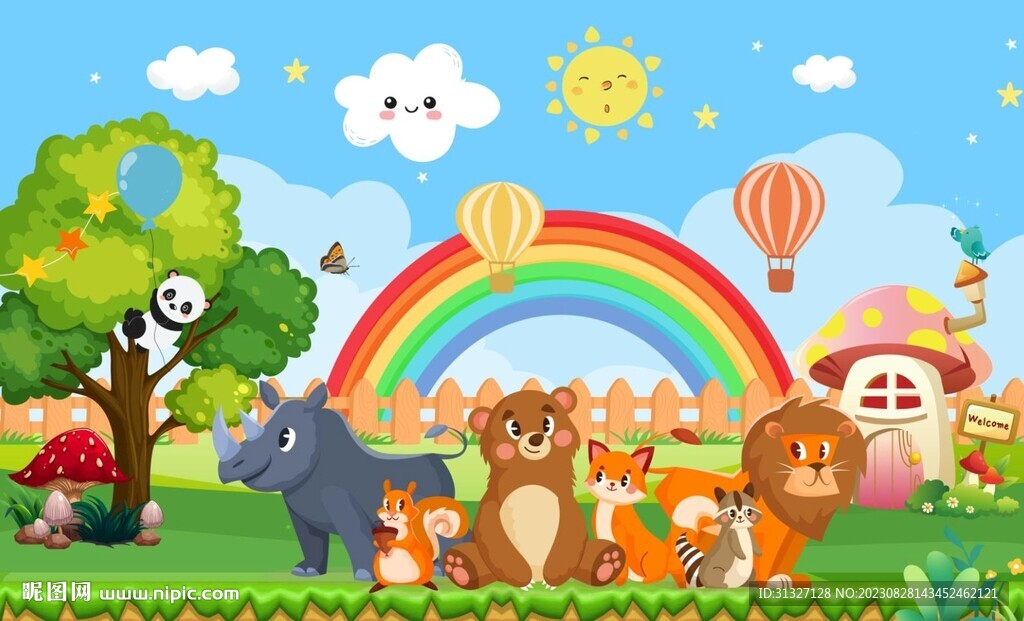 卡通樹林彩虹動物背景墻