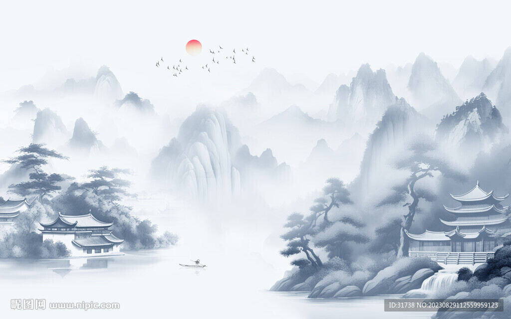 新中式江南山水畫背景墻