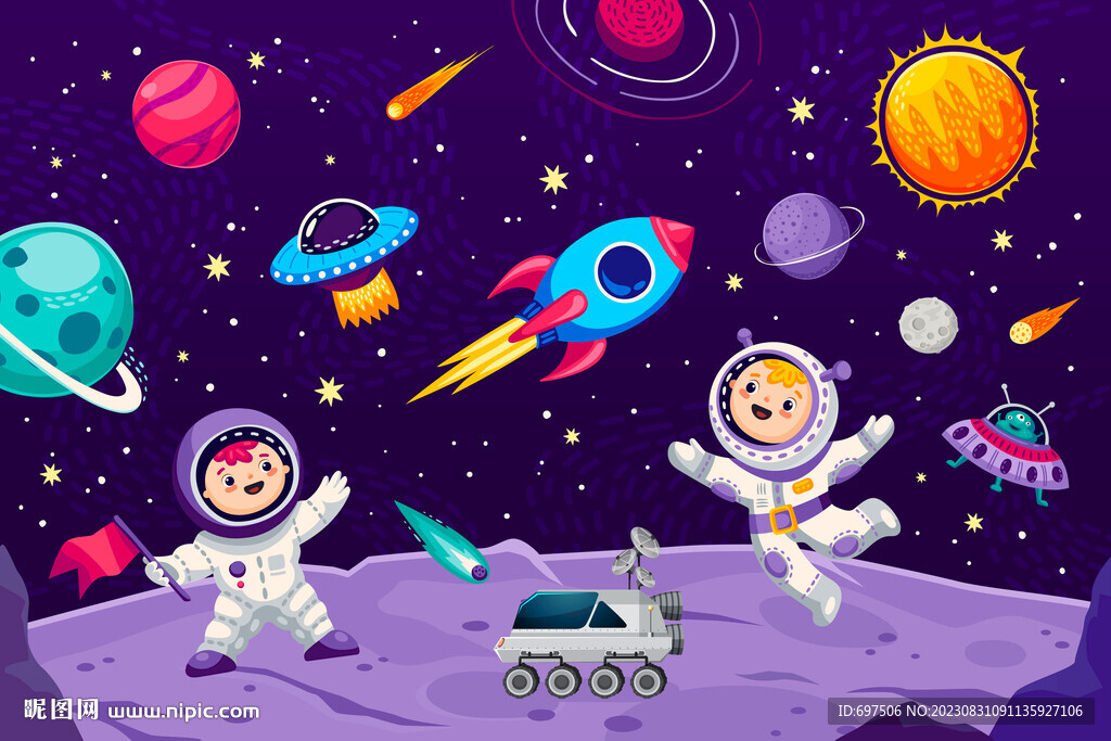 卡通太空星球宇航員火箭飛碟背景