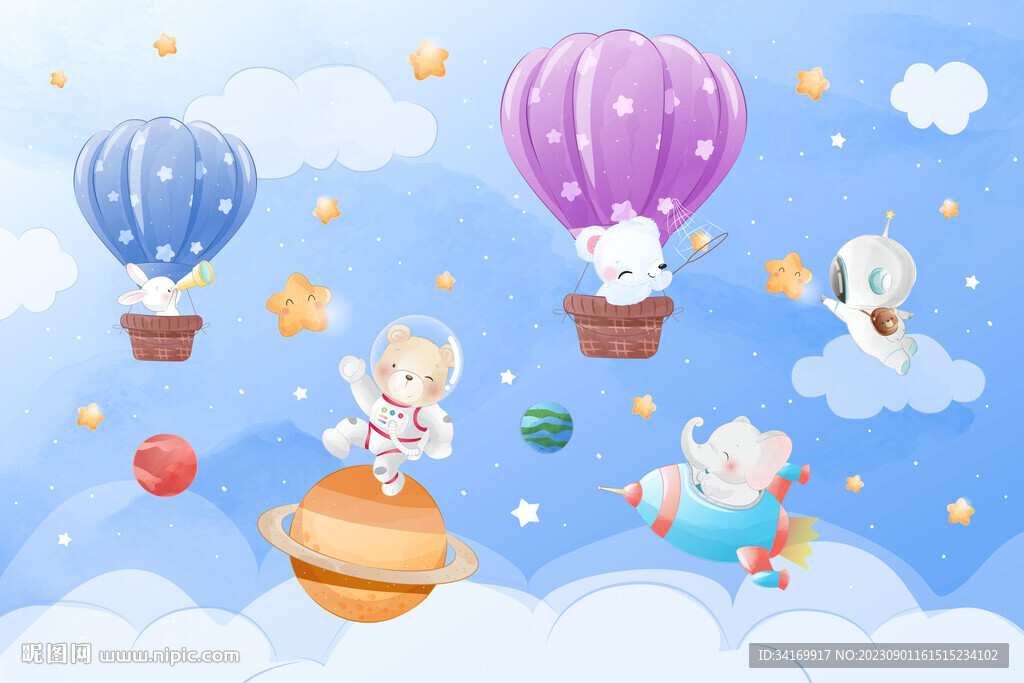 卡通太空星球熱氣球動物星空背景