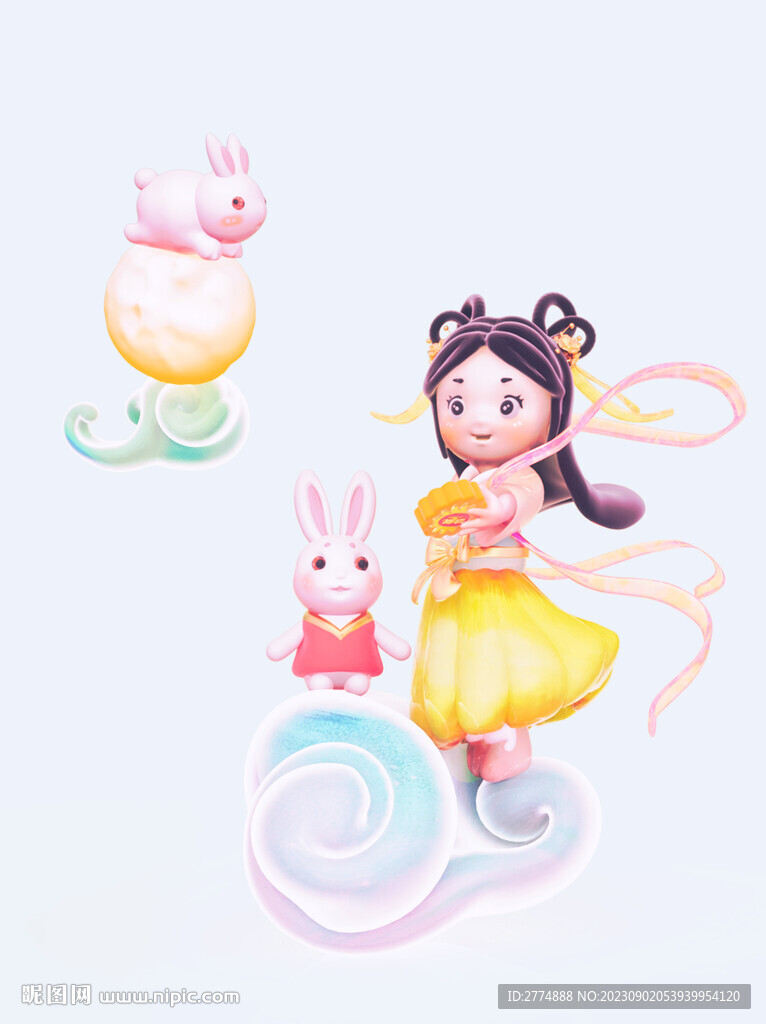 3D站在云上的小仙女和兔子