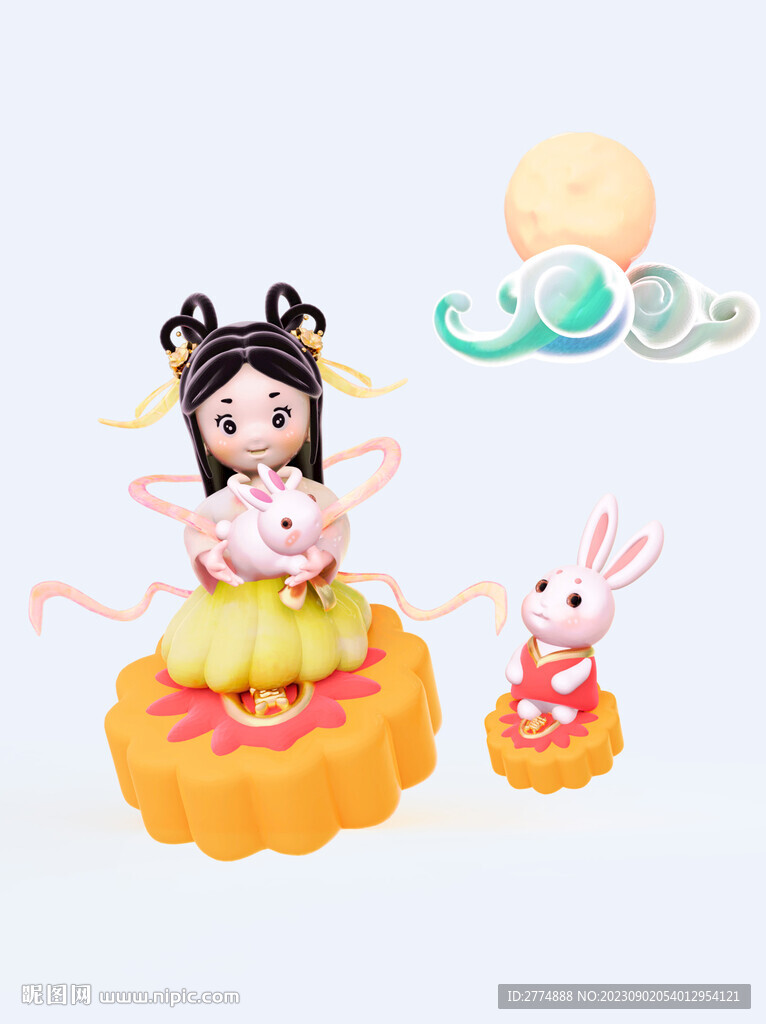 3D坐着的小仙女和兔子