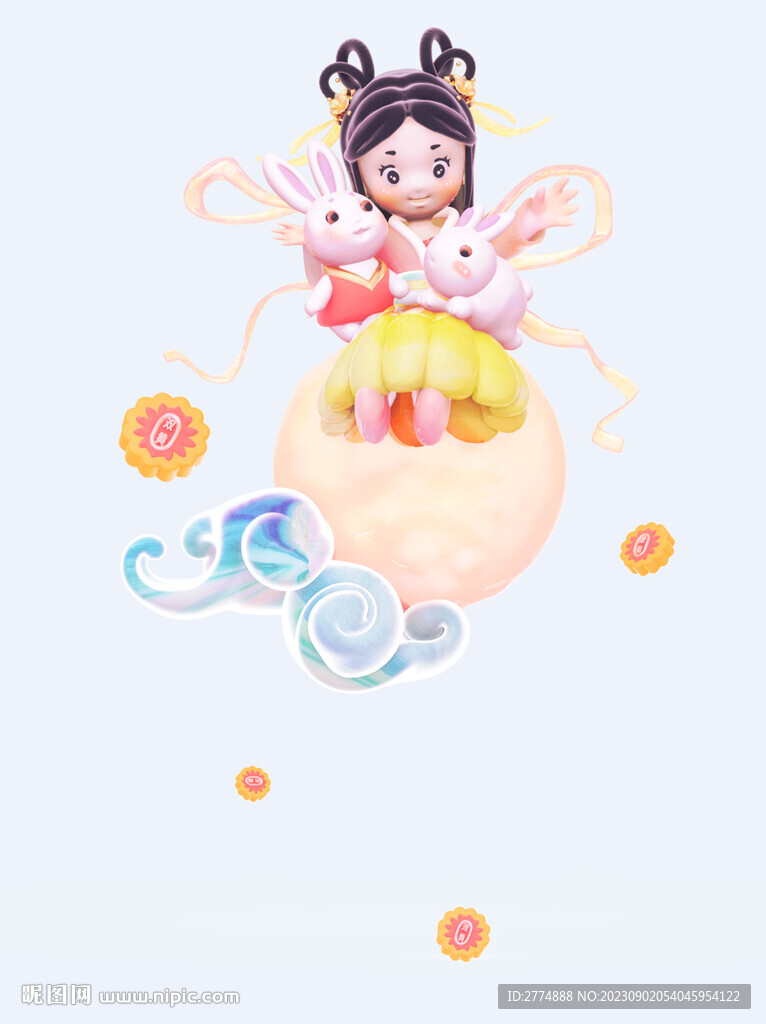 3D抱著兔子坐在月亮上的小仙女