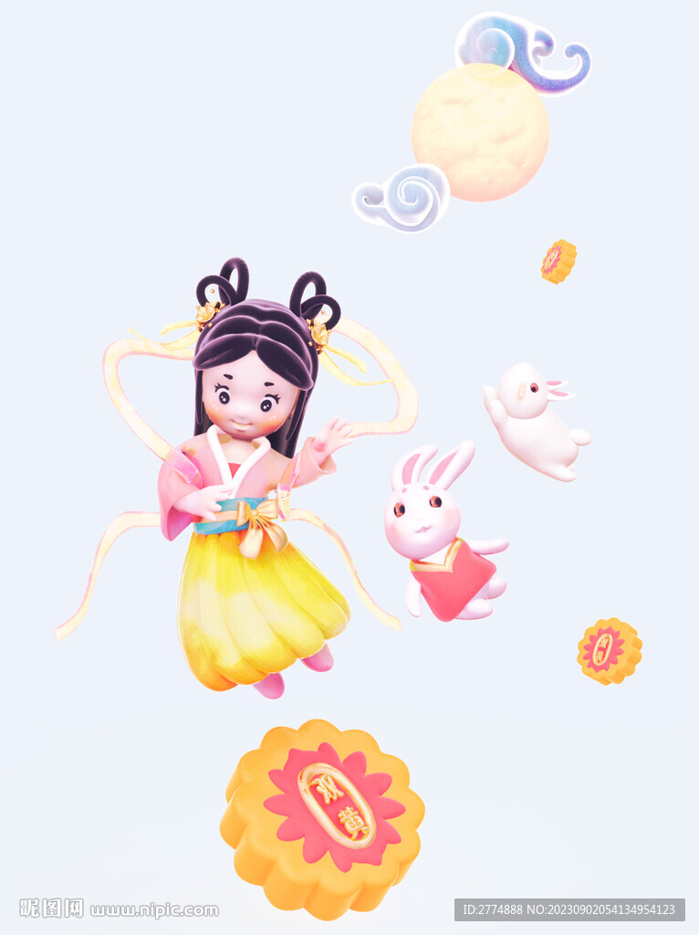 3D飘飞的小仙女和小兔子