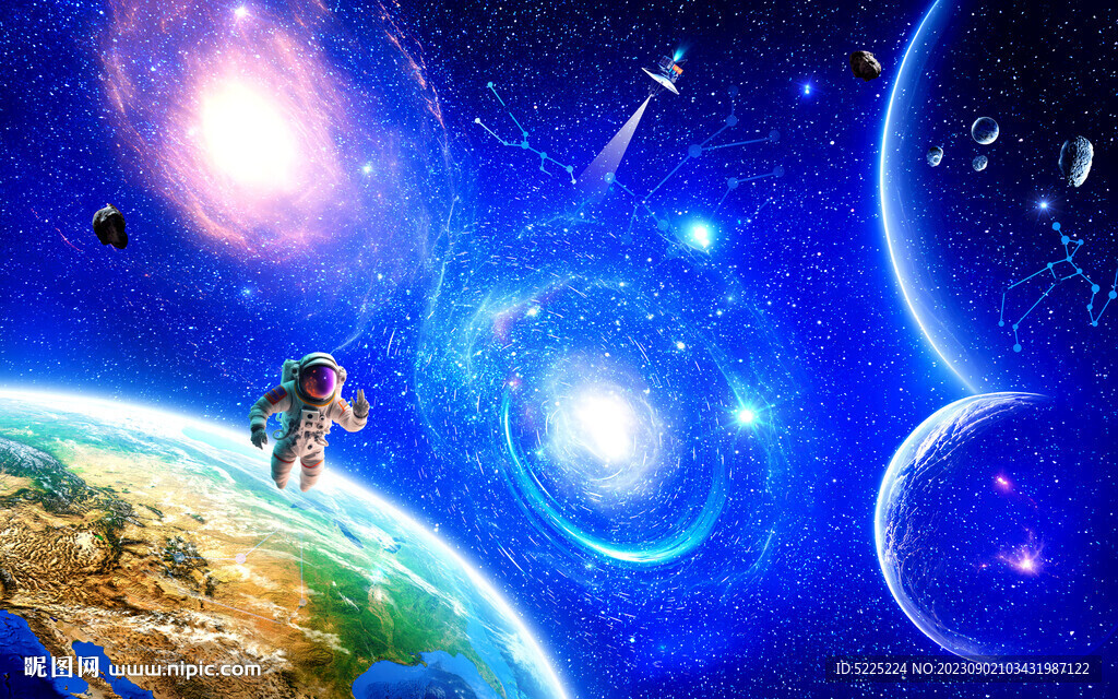 藍色太空宇宙星球宇航員星空背景