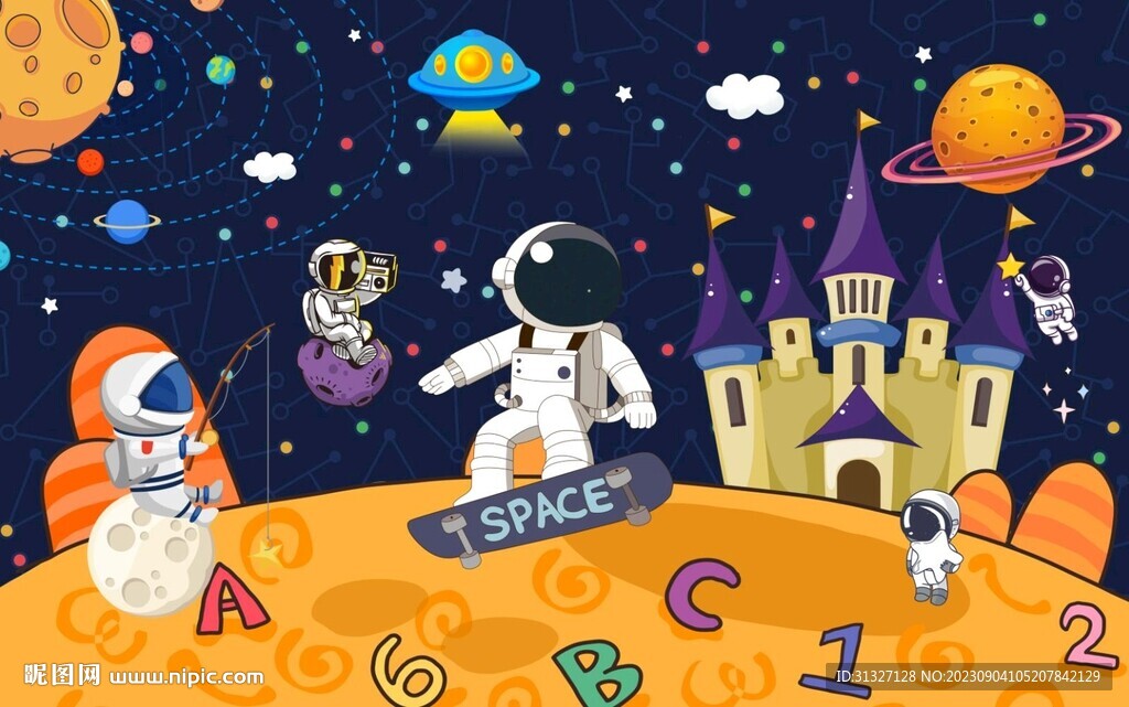 可愛卡通太空兒童房背景墻