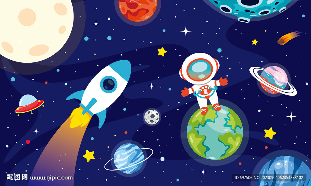 卡通宇航員火箭宇宙太空星球背景