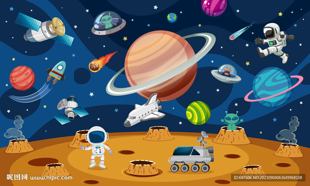 卡通宇航员太空飞碟宇宙星球背景