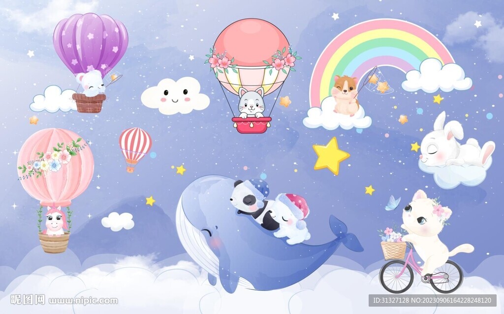 卡通彩虹云朵可爱动物热气球背景