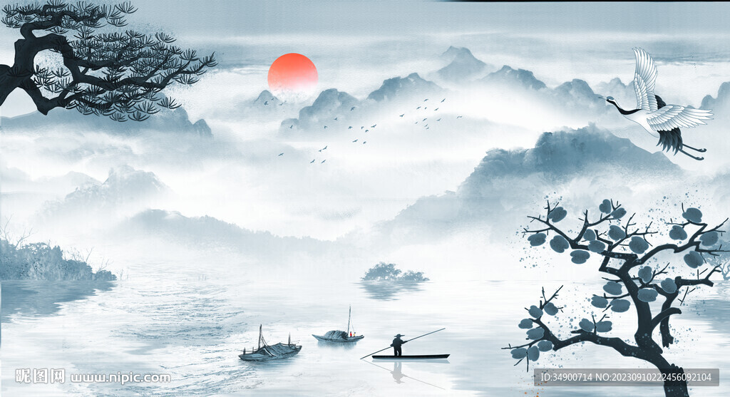 山水畫仙鶴南飛