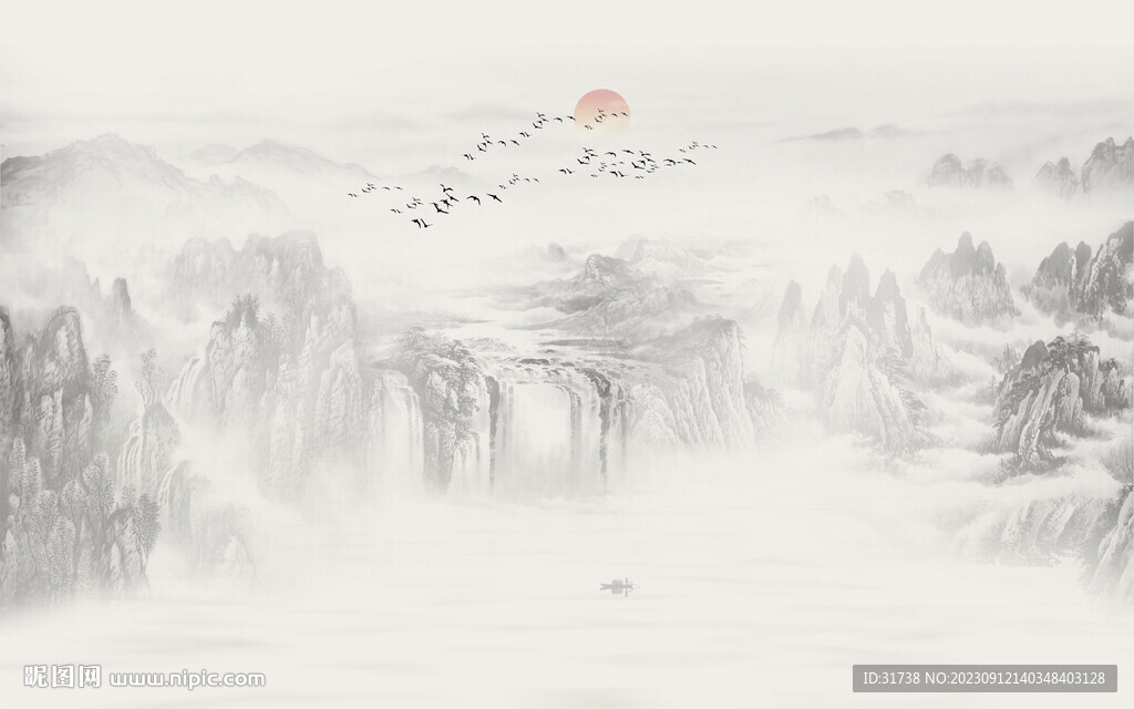 新中式水墨國畫山水背景墻壁畫