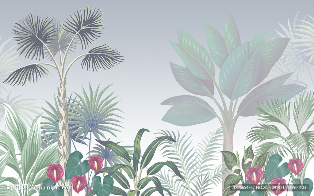热带雨林植物叶子花卉壁纸背景墙