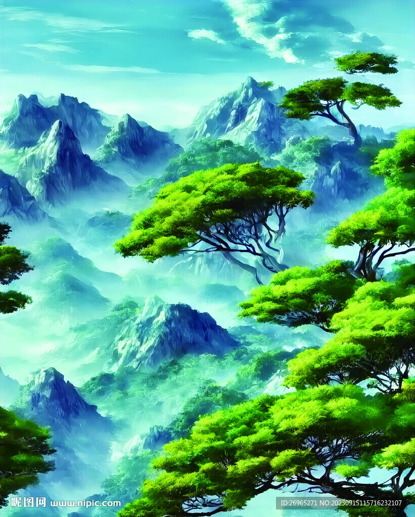 松樹 山云風景畫