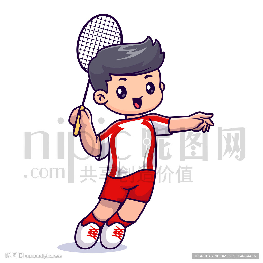 可愛卡通小男孩打羽毛球